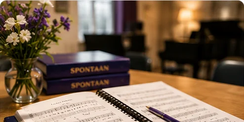 Microfoon en bladmuziek tijdens een repetitie