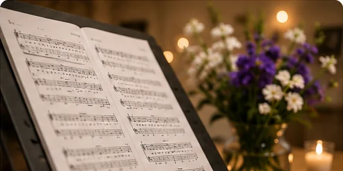 Bladmuziek en microfoon van Zanggroep Spontaan